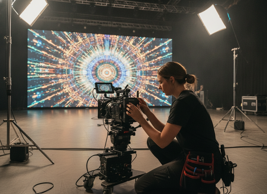 Camera assistant adjusting shutter and frame rate settings during an LED wall test