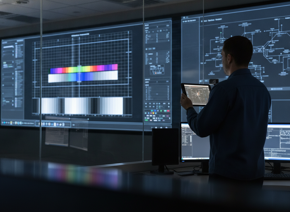 A command center operator checks a large LED video wall during a calibration review.