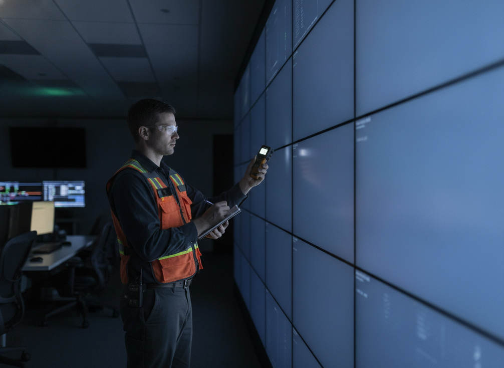 A maintenance technician compares brightness uniformity across a COB LED wall in a control room.