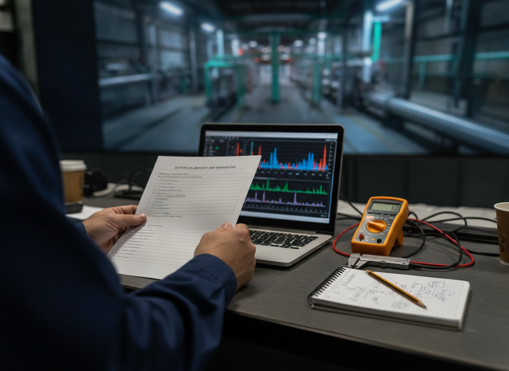 A planning checklist for LED calibration and verification rests beside a laptop in a control room.