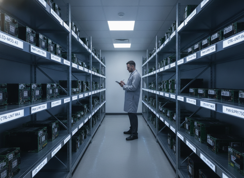 Technician reviewing labeled LED wall spare parts in a command center storage area