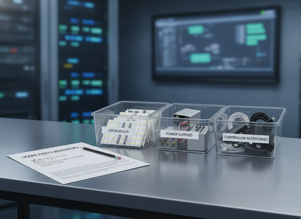 A labeled LED wall spare parts checklist beside module and power supply storage bins