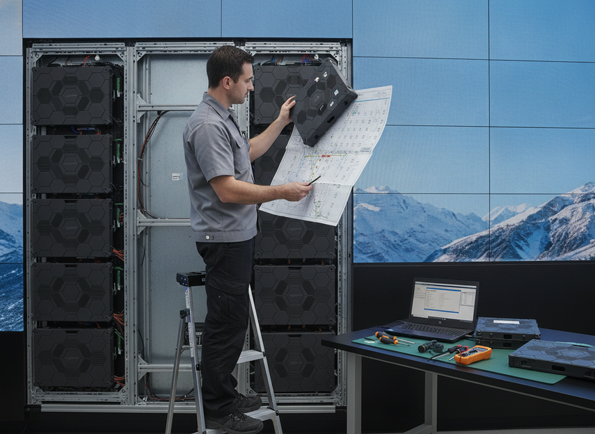 Technician verifying LED wall module labels against a maintenance map