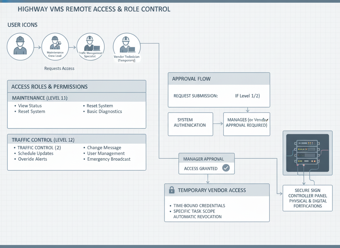 Remote access identity and role control for a highway VMS system