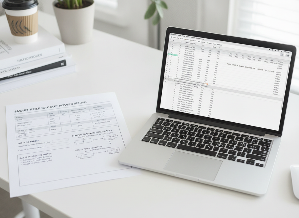 Smart pole load list and backup sizing worksheet on a desk