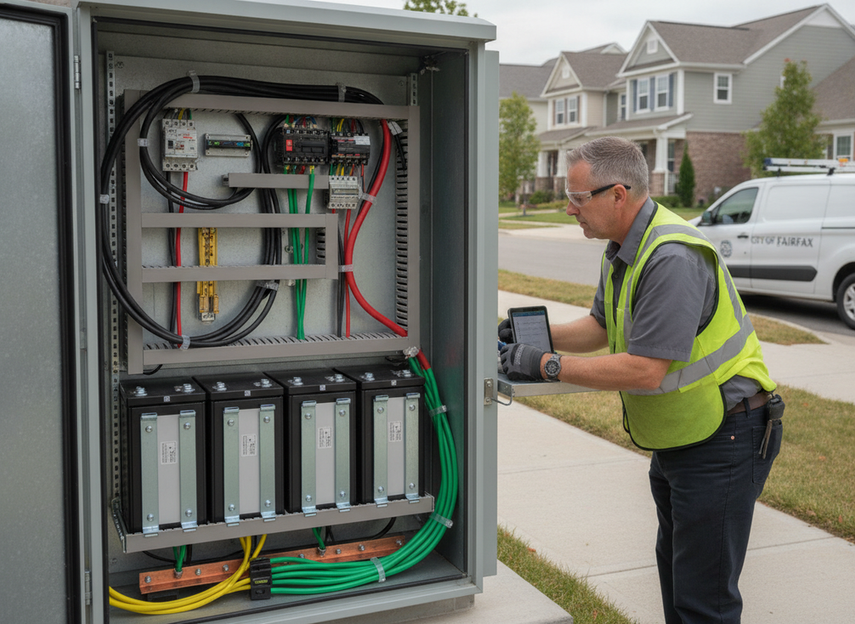 Municipal technician checking wiring and battery access inside a smart pole cabinet