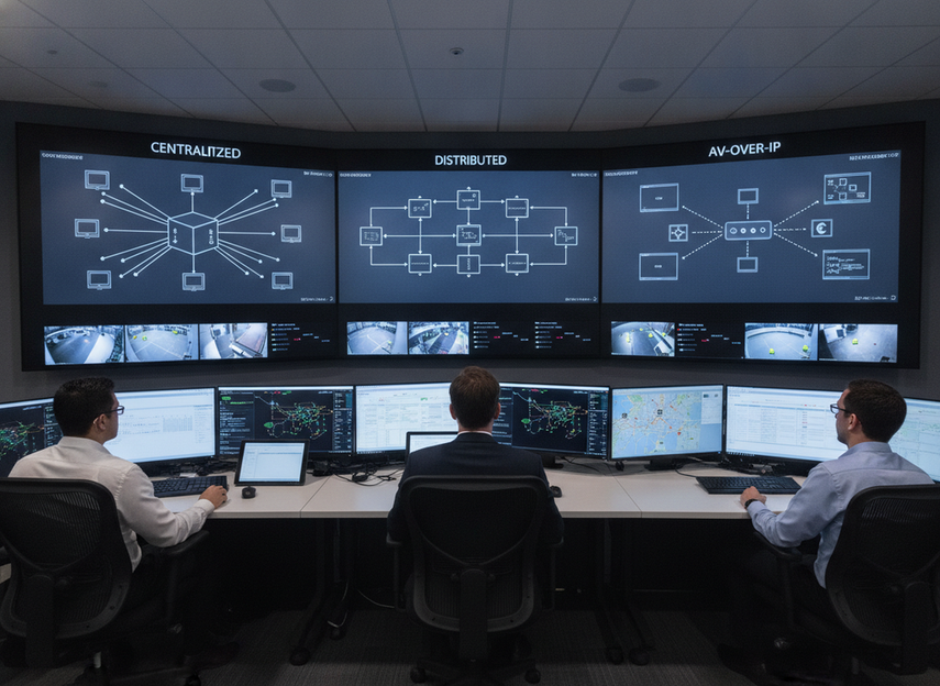 Command center LED video wall processor architecture comparison showing centralized, distributed, and AV-over-IP-oriented layouts