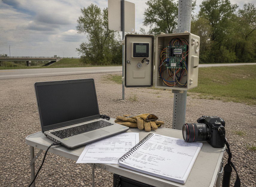Testing setup with a generic sign and laptop