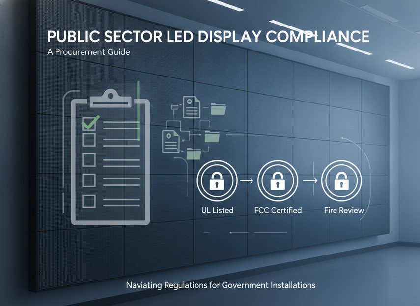 Public-sector LED compliance checklist showing approval gates for electrical safety, FCC, ADA, fire review, and submittal documents