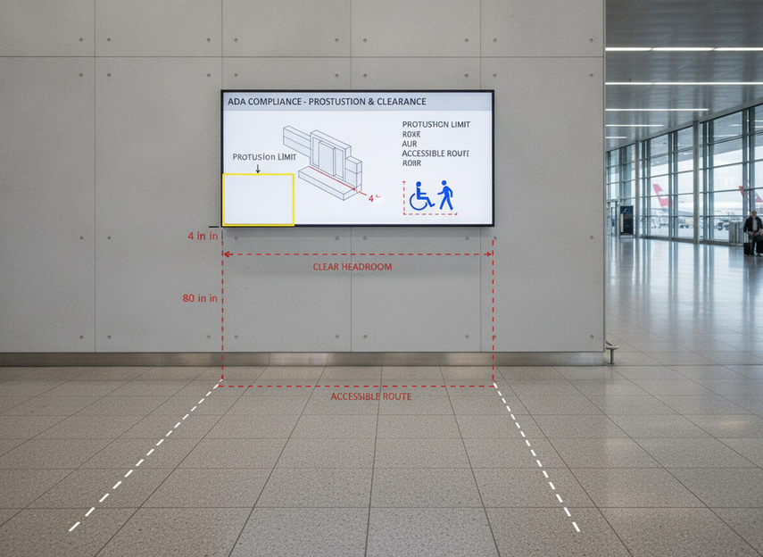 ADA layout checks for a wall-mounted LED display in a public corridor