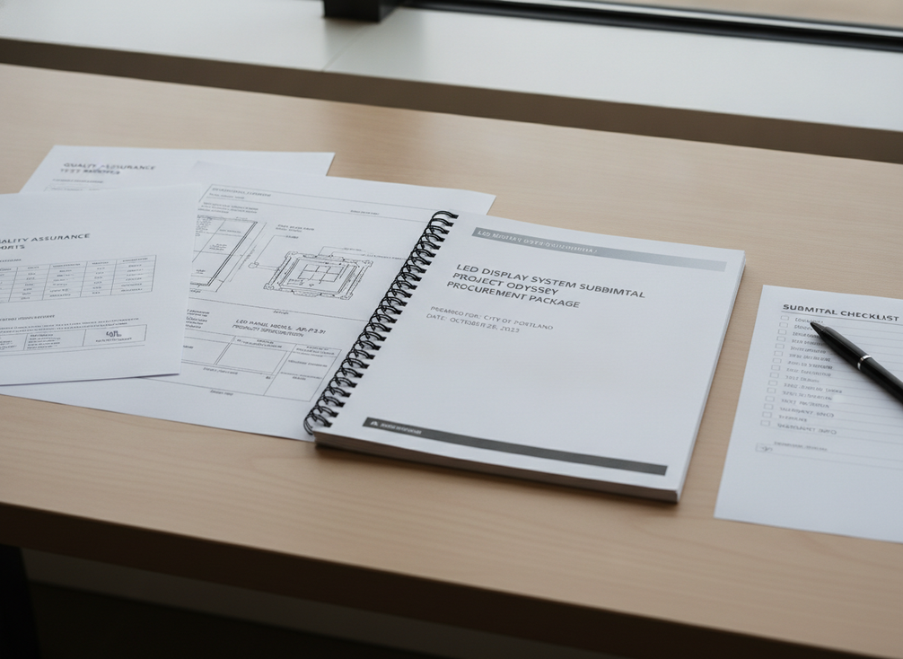 Procurement submittal packet for an LED display project with certificates, drawings, and model sheets