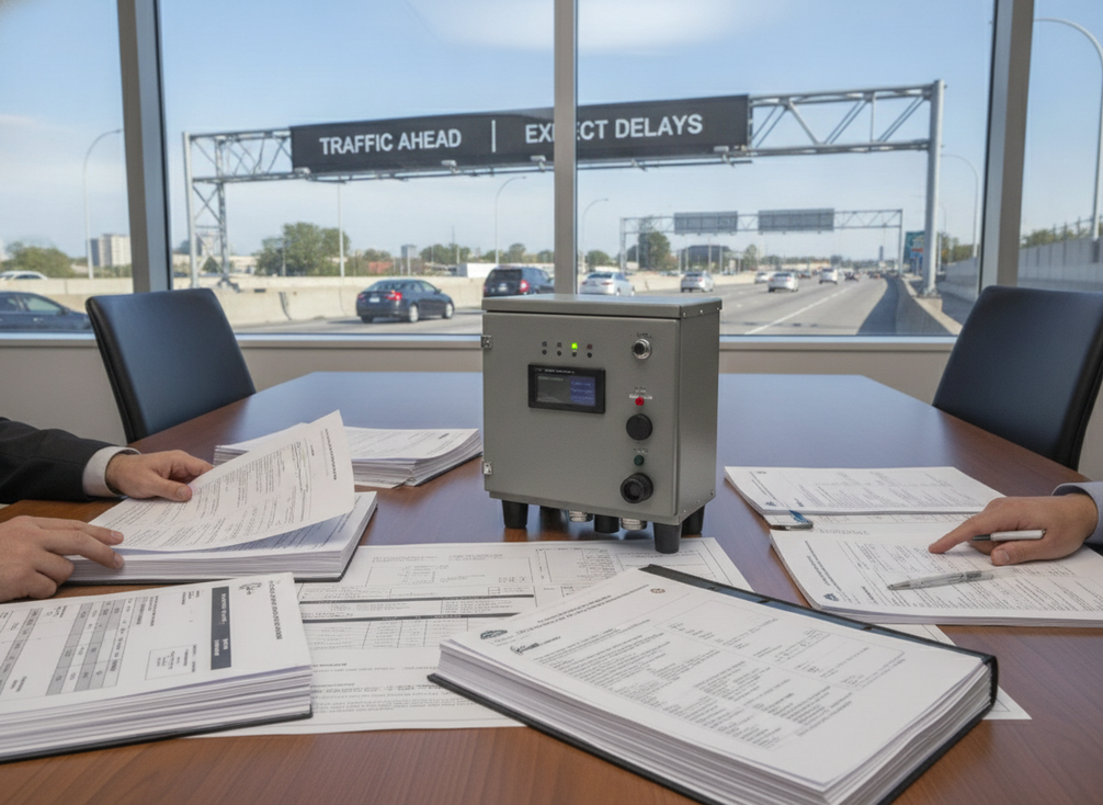 VMS controller review with a highway message sign and procurement documents
