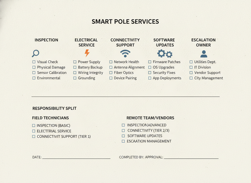 Smart pole maintenance task assignment checklist for municipalities