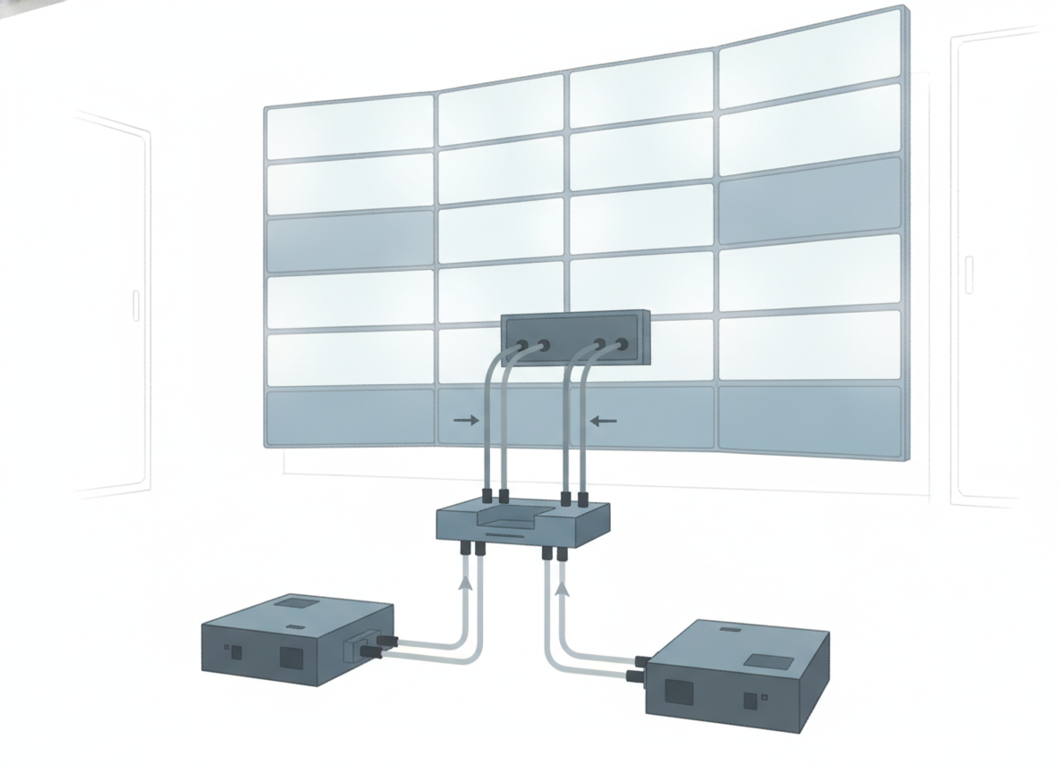 A diagram-style scene showing power redundancy paths supporting a command center LED wall.