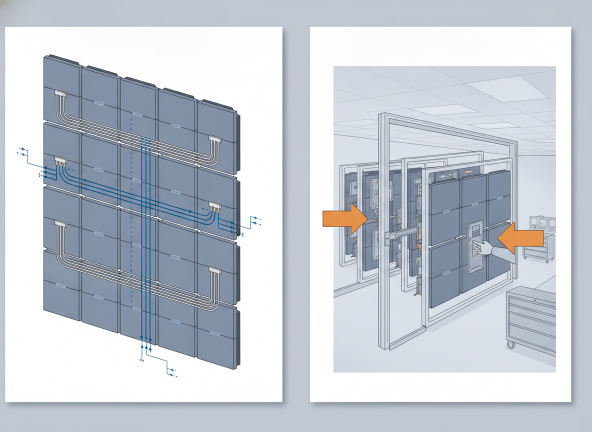 A technical illustration of redundant signal paths and a service-access layout for a command center LED wall.