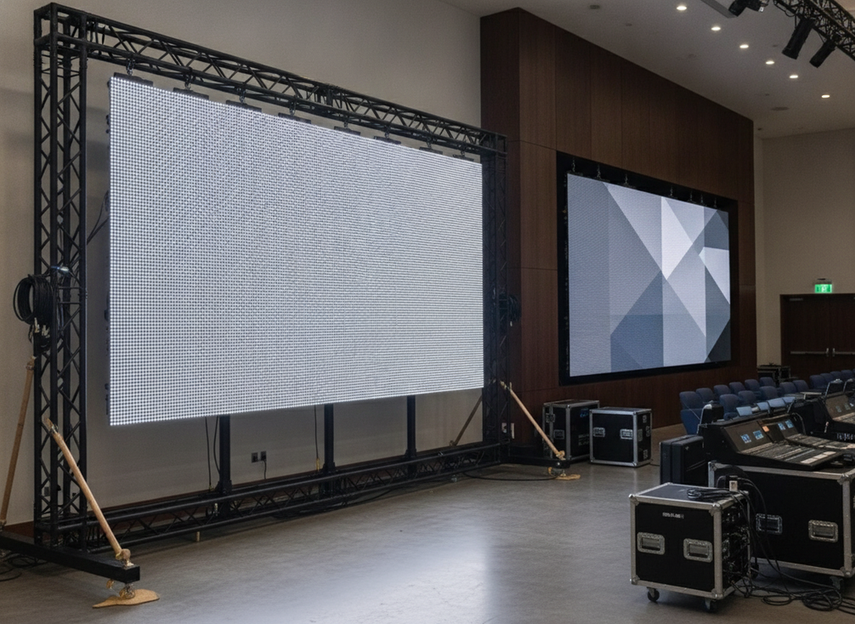 Rental LED wall on a truss beside a fixed indoor LED wall in a venue