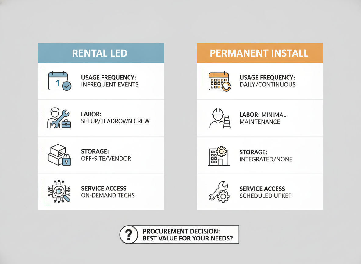 Decision matrix comparing rental and permanent LED by usage frequency and service needs