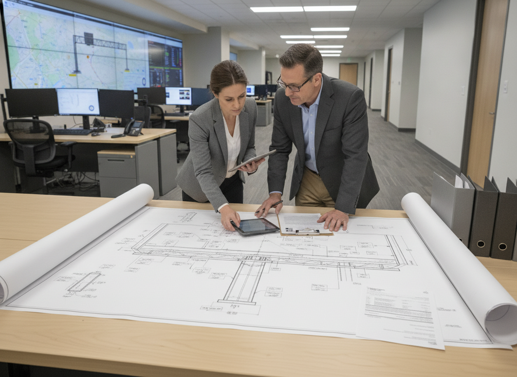 A procurement review scene with a checklist, plans, and a roadway operations context in the background.