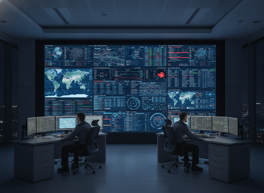 Command center operators viewing a fine-pitch LED wall in a control room