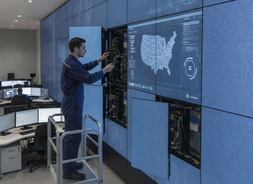 Technician checking service access on a command center LED wall