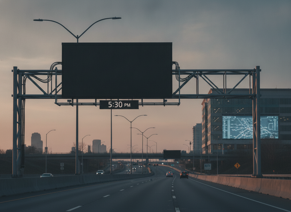 A roadside variable message sign connected to a traffic management center at dusk
