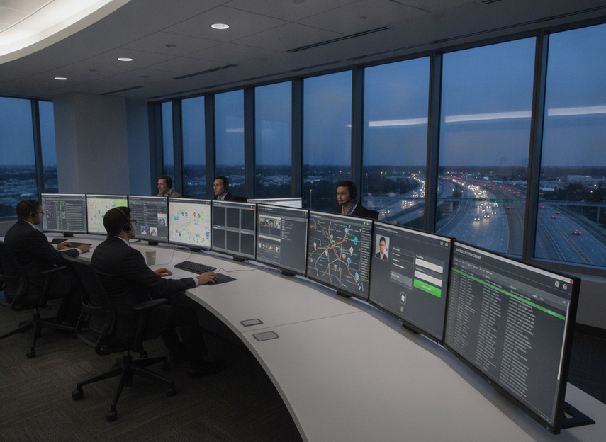 An operations room monitoring a variable message sign network with security checks visible on screens