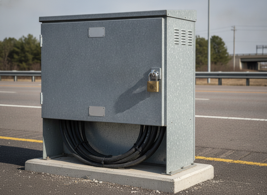 A roadside VMS cabinet and network connection points shown for maintenance and access control review