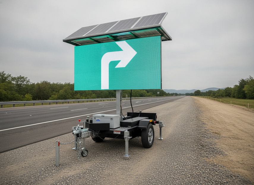 Solar VMS trailer parked on a roadside shoulder with visible panels, battery cabinet, and maintenance access path