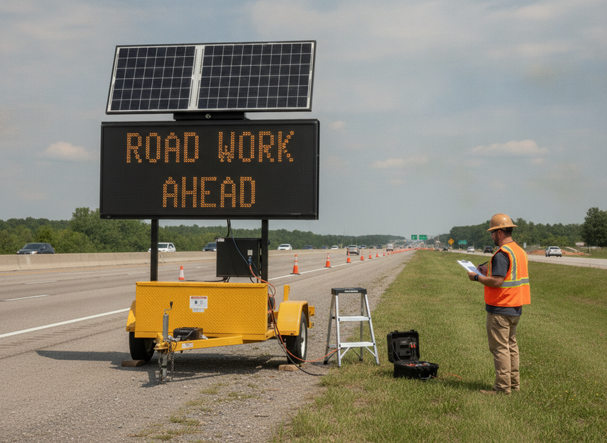 Solar VMS site review showing panel angle, roadside visibility, and clear sun exposure
