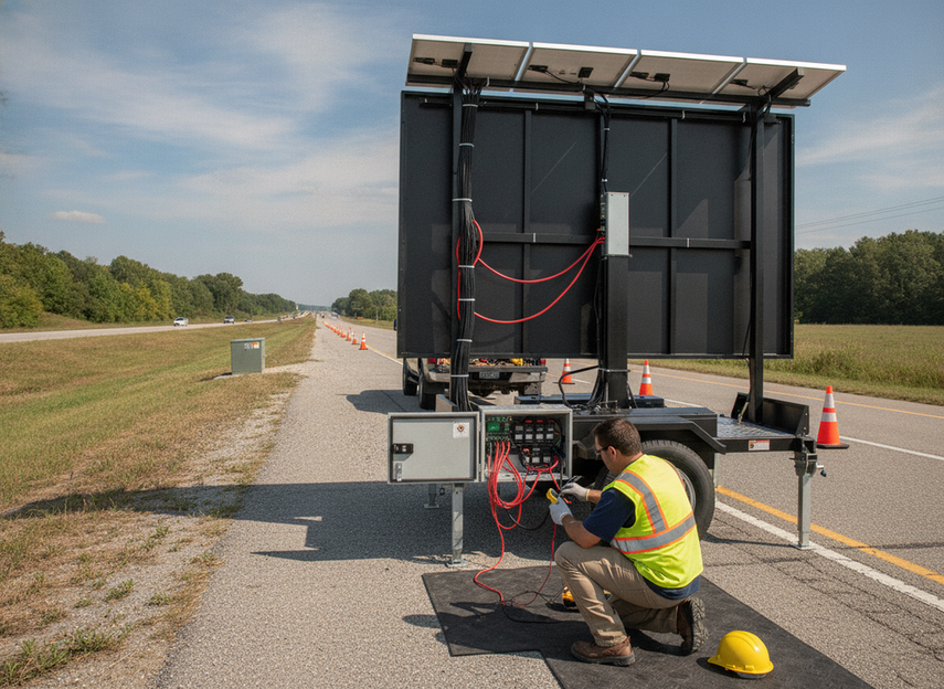 Solar VMS technician checking battery cabinet, controller wiring, and maintenance access at roadside