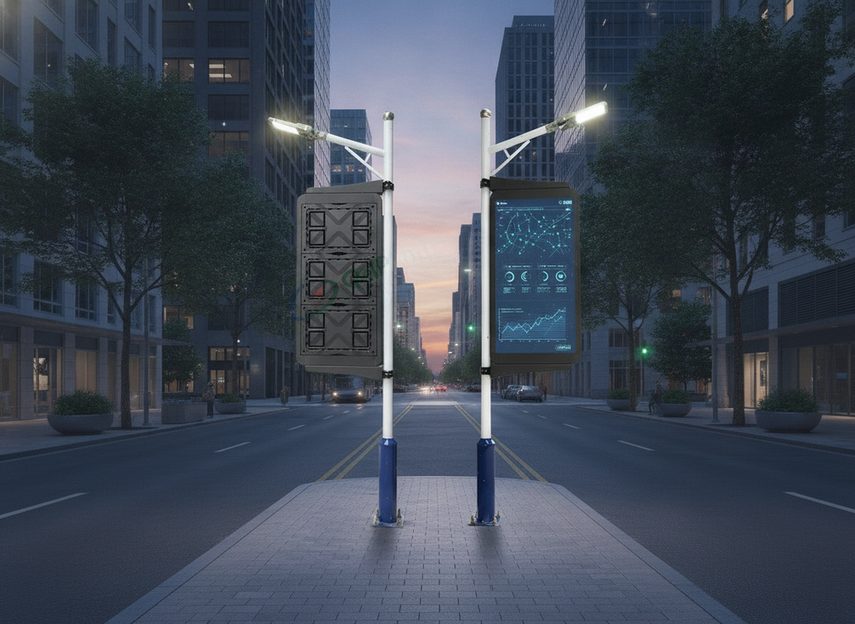 Smart pole LED display on a city street with monitoring and control-room context