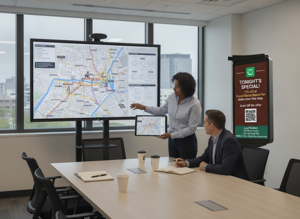 City planners reviewing a smart pole deployment map on a tablet