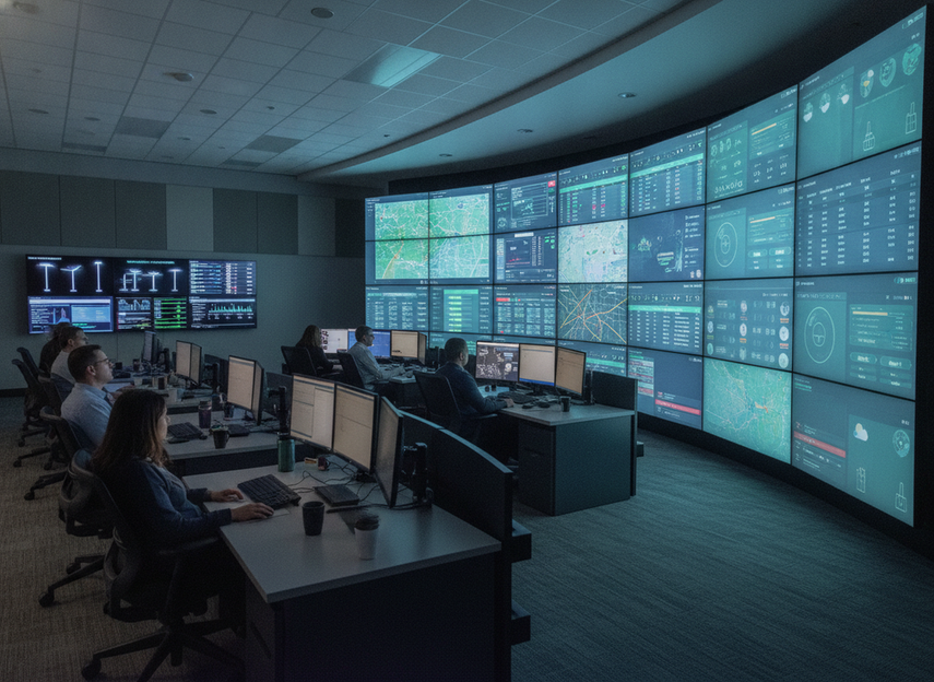 Operations center staff supervising public display assets from a dashboard