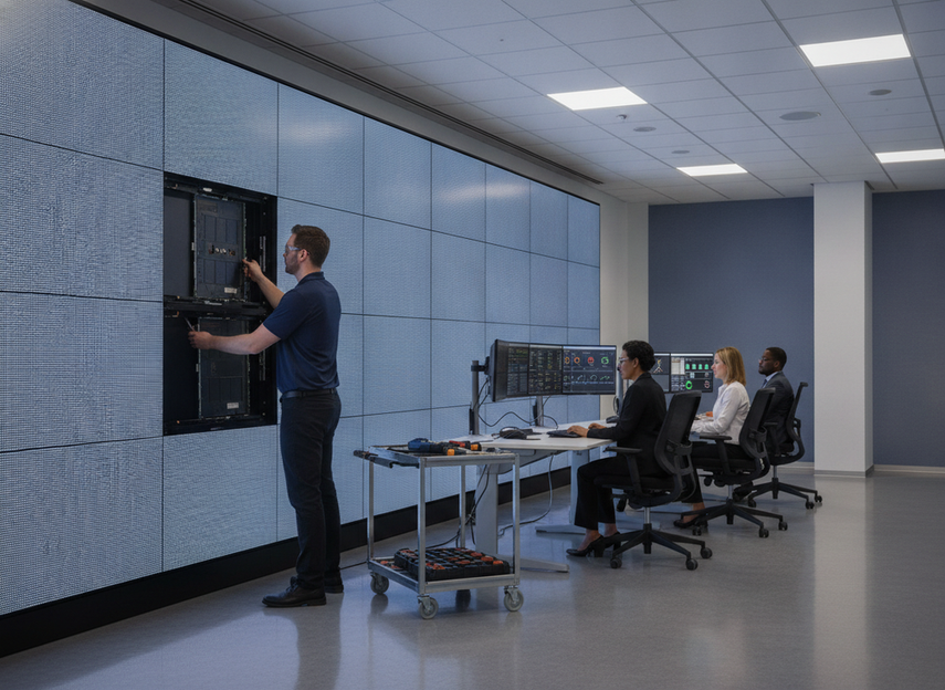 Technical buyer guide illustration of a front-service LED wall in a 24/7 command center, showing room-side access panels and a clean control room environment.