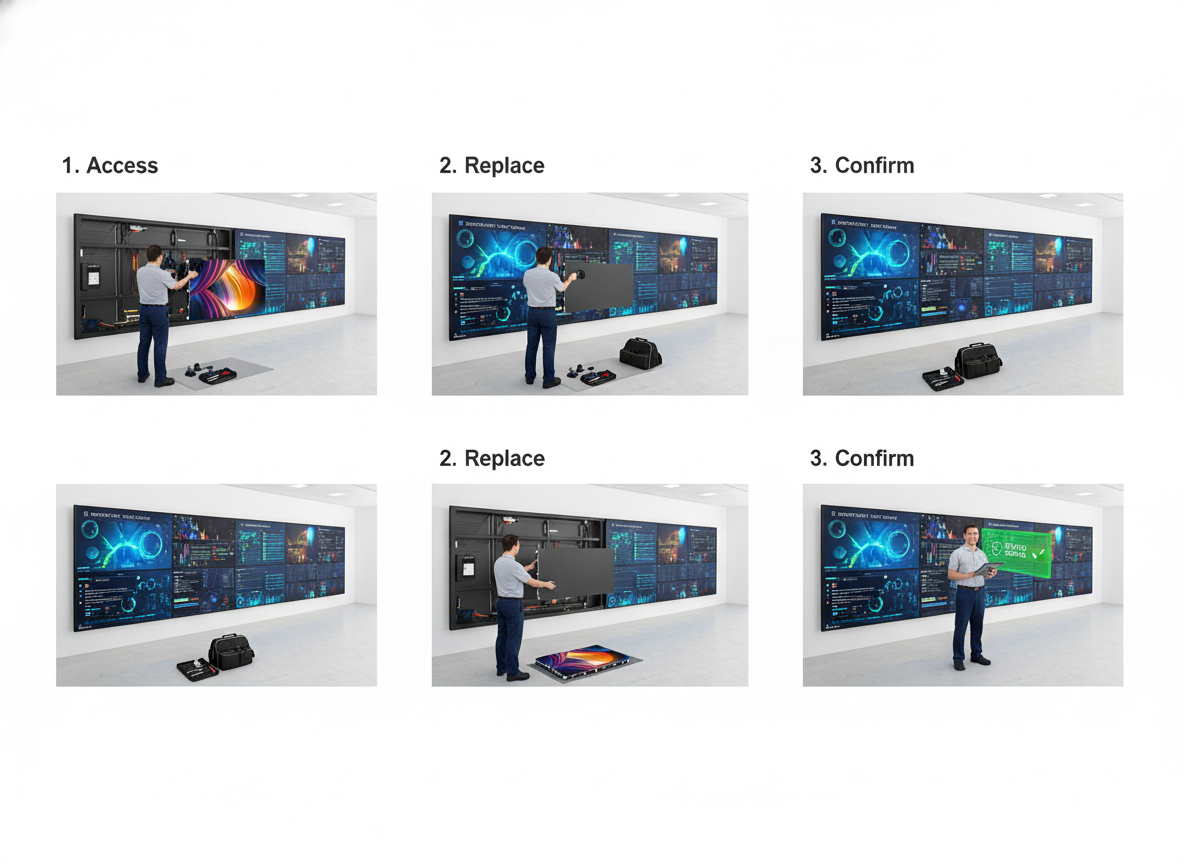 Diagram-style image showing the front-service workflow for an LED wall, from opening the room-side access point to replacing a module and restoring the wall to service.