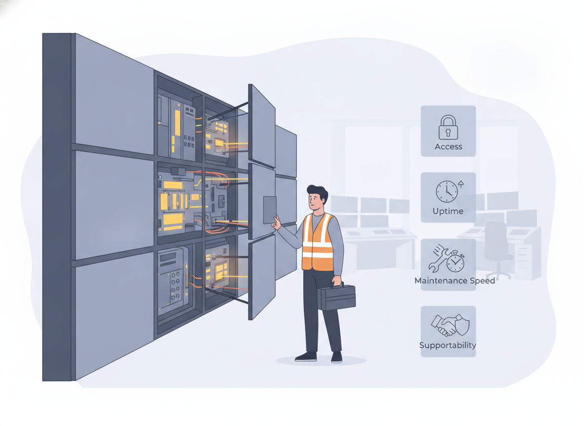 Buyer checklist visual for selecting a front service LED wall for mission-critical operations, highlighting access, uptime, maintenance speed, and serviceability.