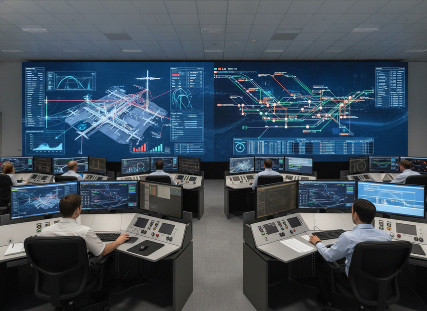 Airport and rail operations control room with a large LED wall monitoring live transit activity.