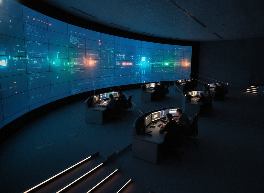 Control room LED wall sized to support long viewing distances and clear sightlines across the room.