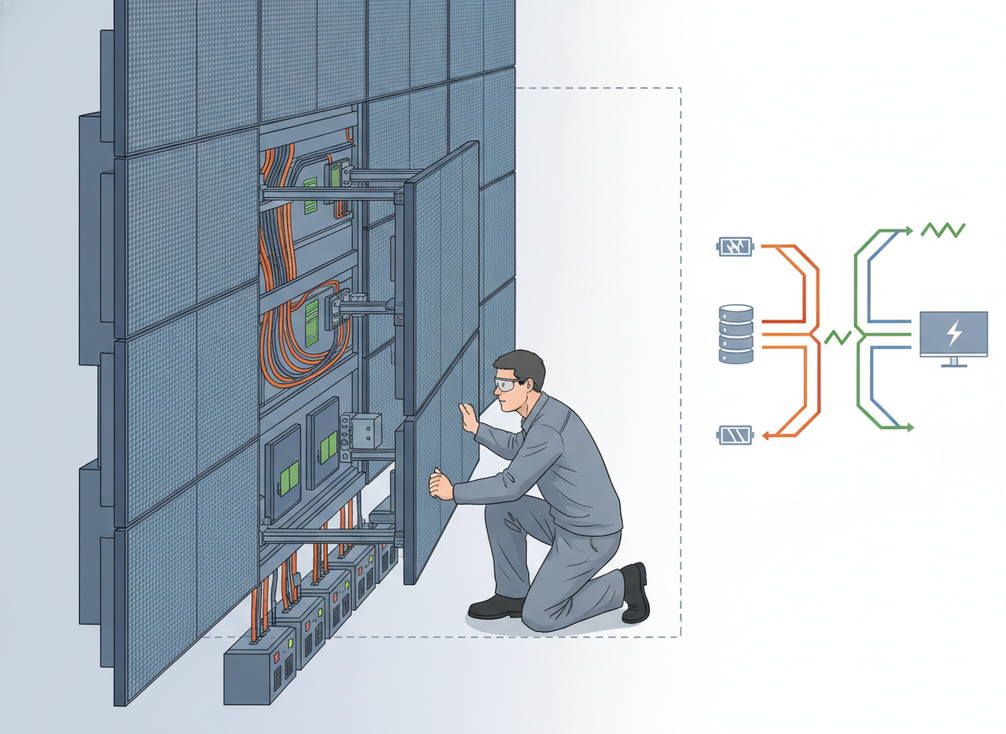 Front-service LED wall modules and redundant components shown in a maintenance-friendly control room setup.