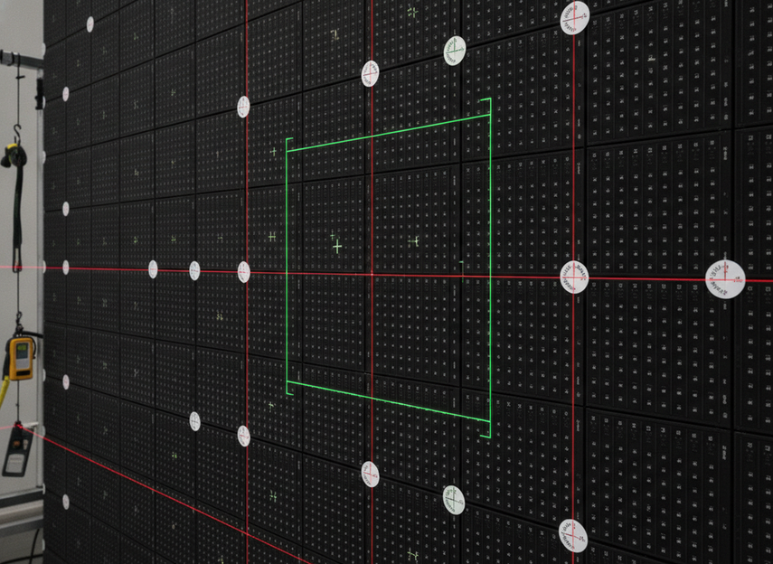 Close view of an LED wall panel grid aligned for camera testing