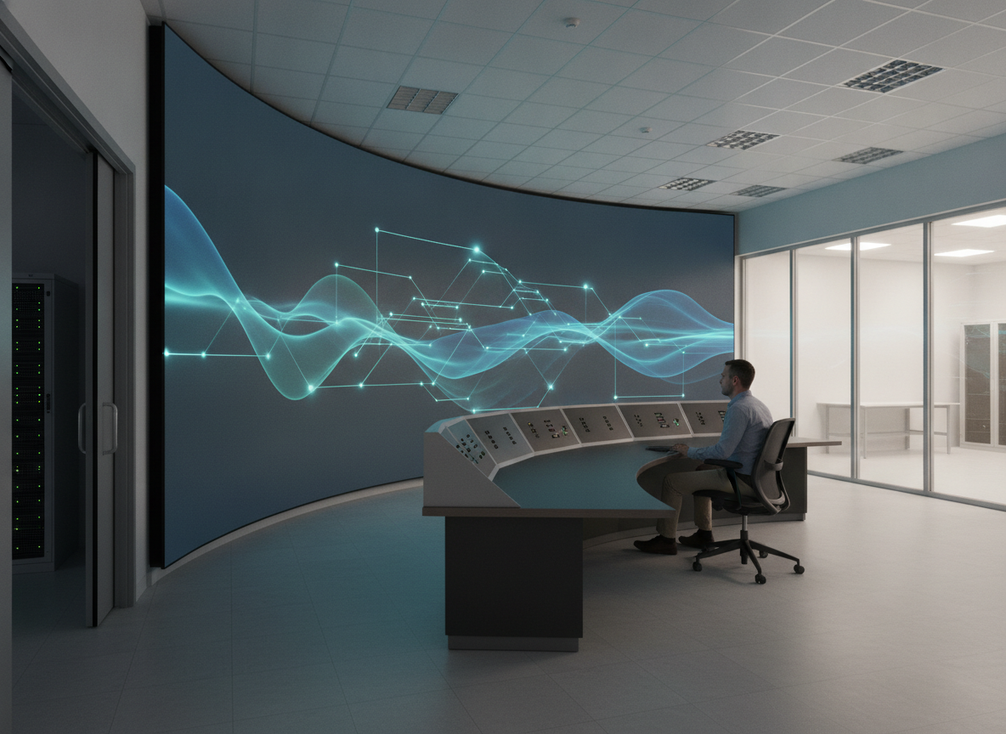 A command center operator monitors a large LED wall while the maintenance access area and room layout are shown as part of the buying checklist.