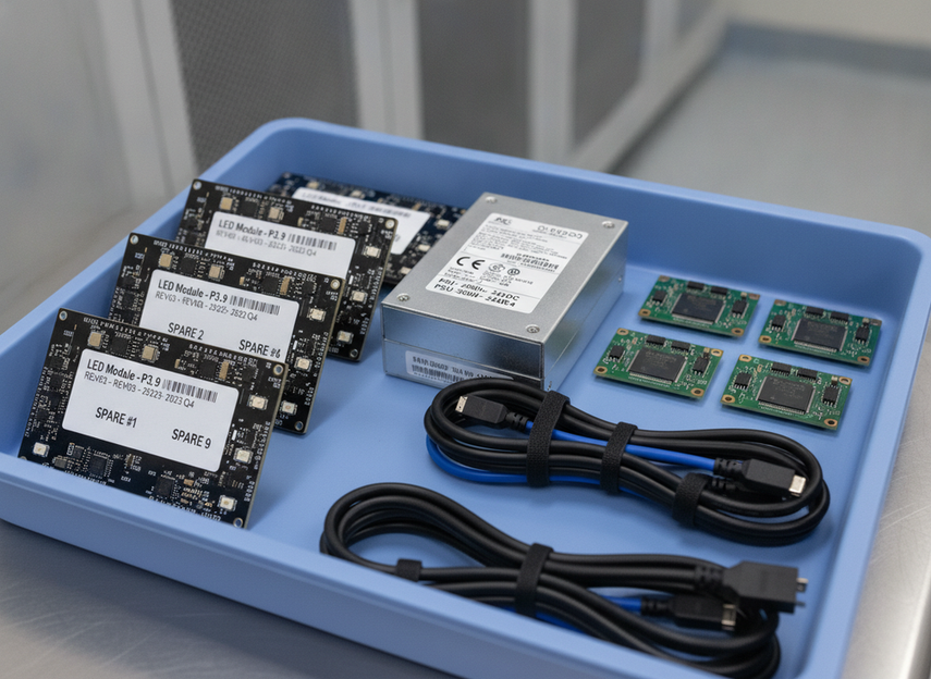 Spare LED modules and control components organized for rapid recovery
