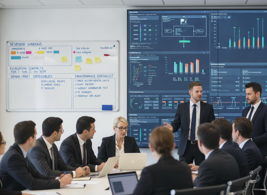 Service planning board for LED wall response windows and repair ownership