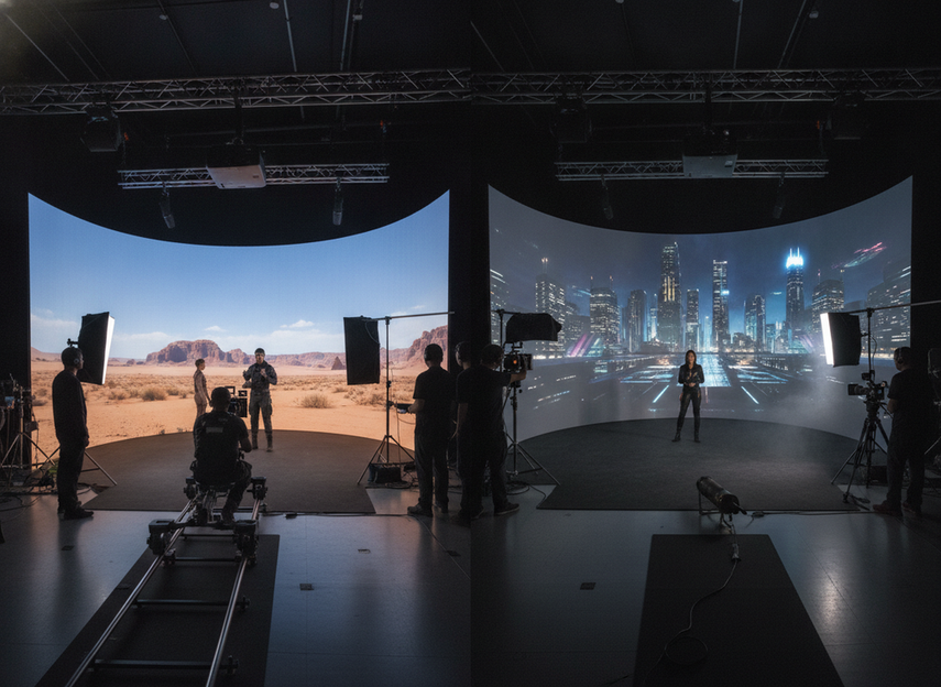 Virtual production stage comparing an LED volume with projection