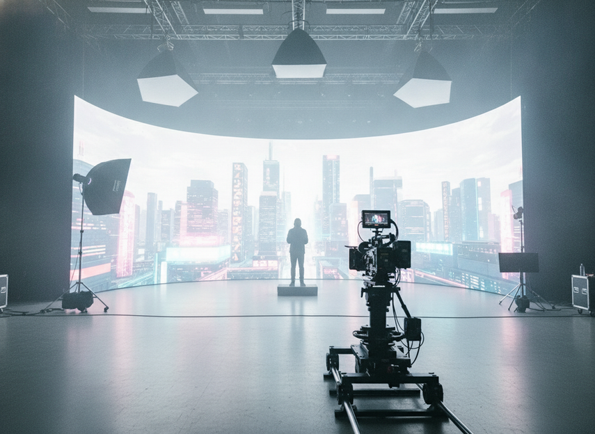 Bright virtual production stage with controlled ambient light