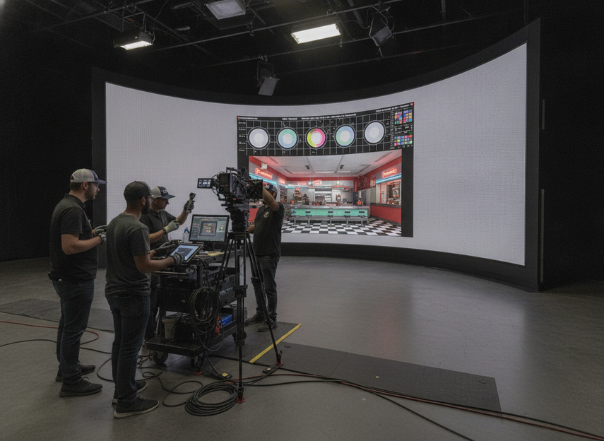 Camera test setup on a virtual production stage with lens and shutter checks