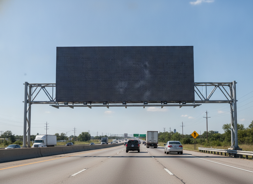 Roadside VMS with glare-control optics in daylight