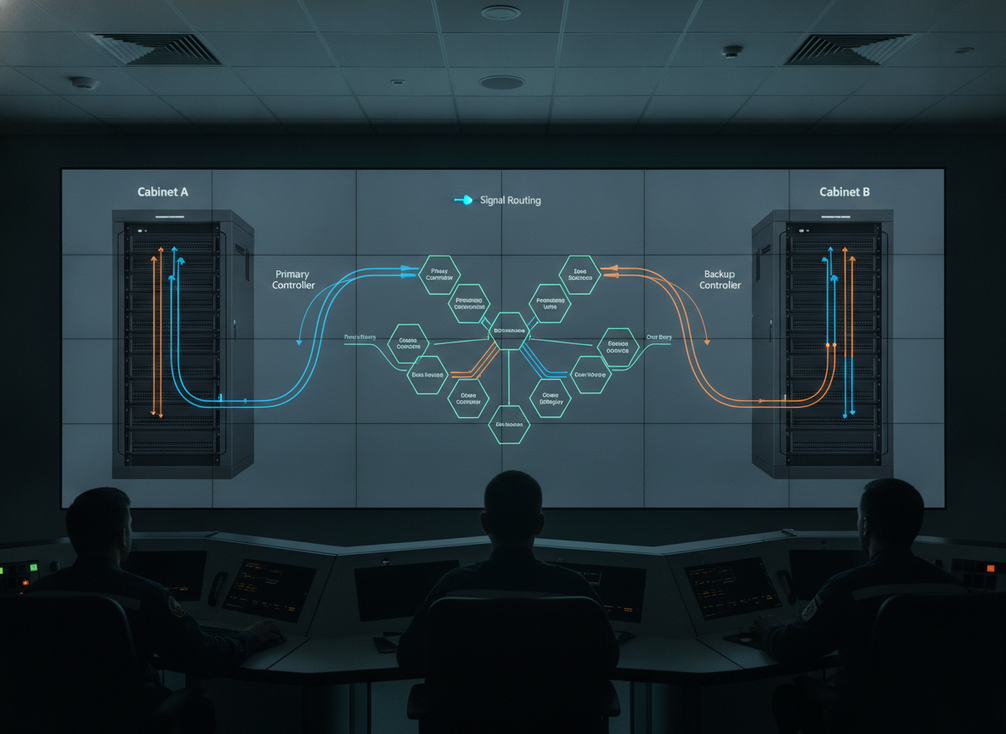 Command center LED wall with redundant controller and signal paths