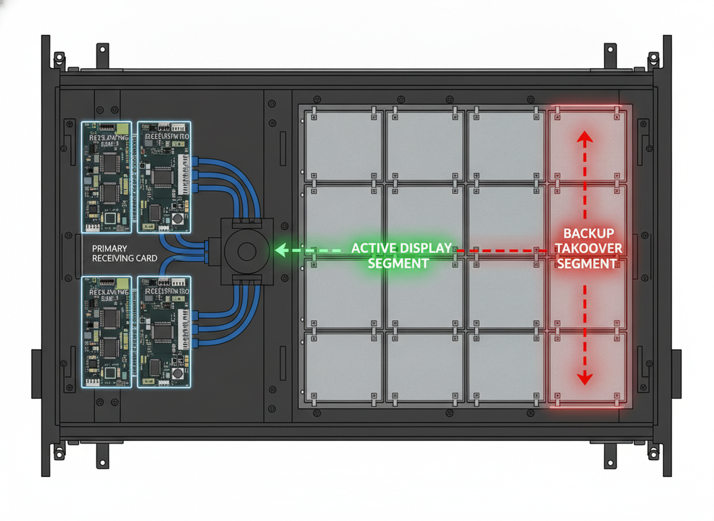 LED cabinet showing local backup card takeover inside one panel