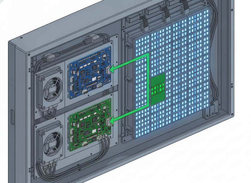 LED cabinet showing local backup card takeover inside one panel